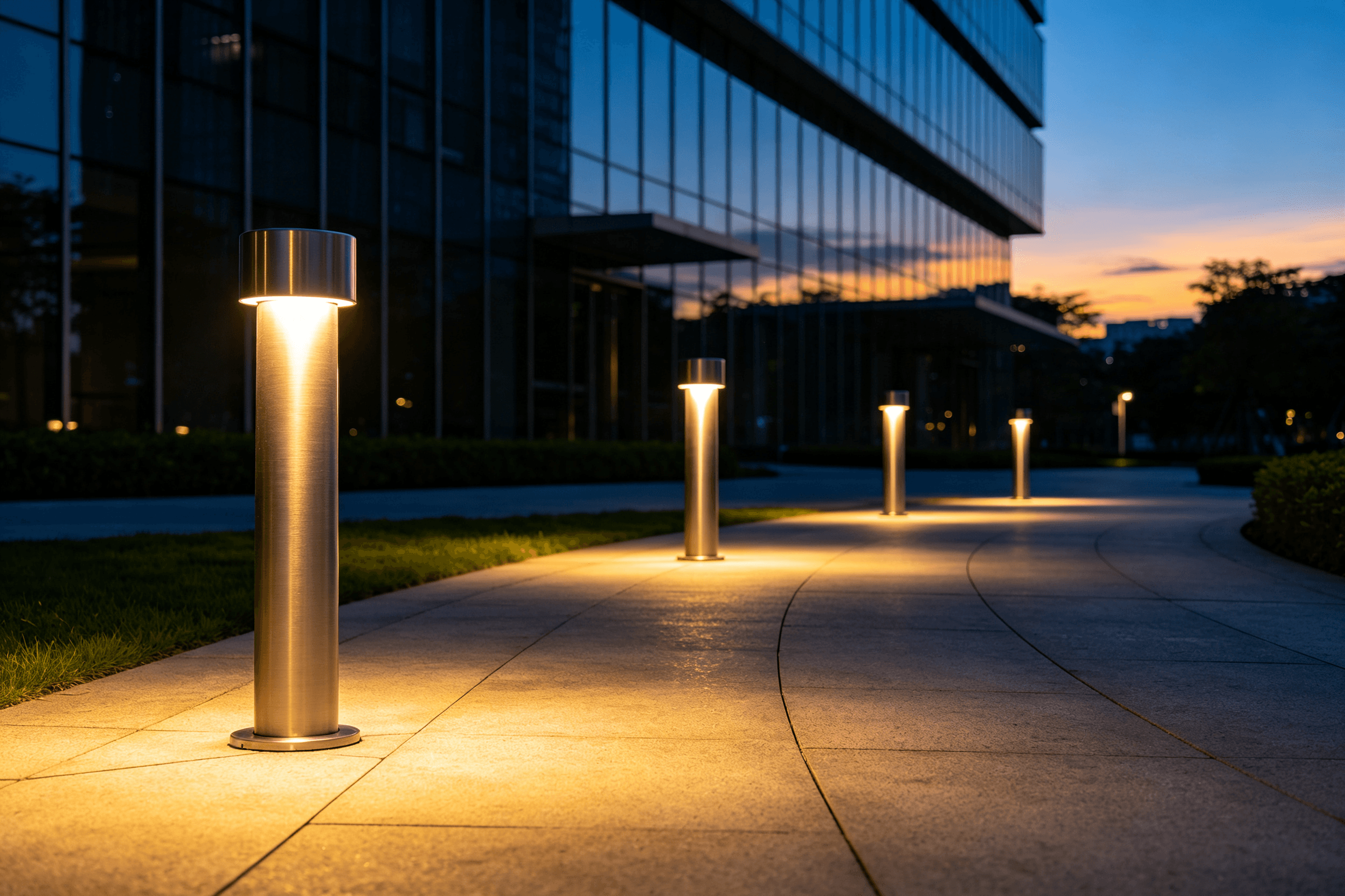 Four outdoor decorative bollard lights installed along a commercial building pathway at dusk with warm 3000K illumination highlighting walkway texture