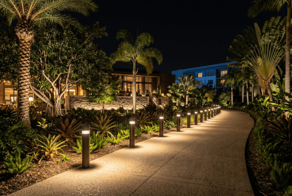 Commercial pathway bollards and tree uplighting installation along a resort walkway at night with warm 3000K LED illumination