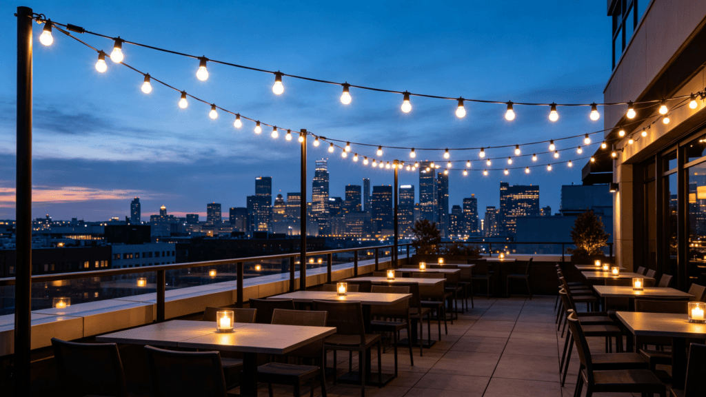 Multiple outdoor decorative string lights illuminating a commercial rooftop restaurant terrace at night with city skyline in background
