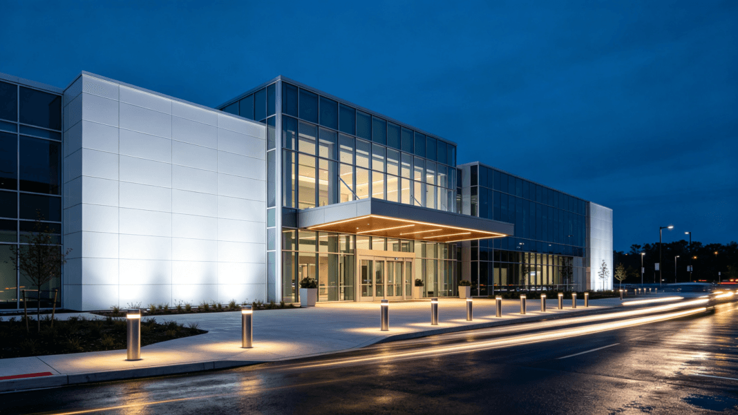 Complete outdoor lighting transformation showing architectural f