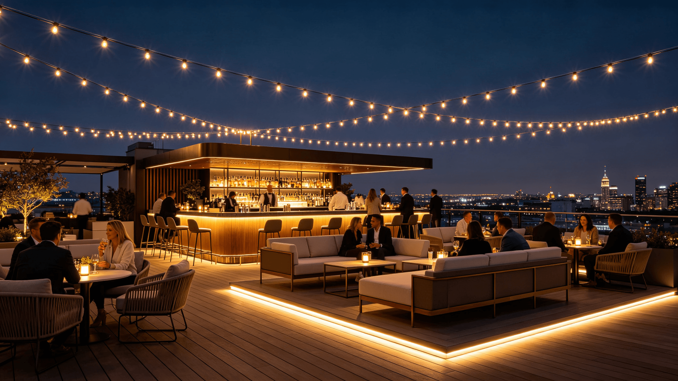 Modern outdoor patio setting with integrated LED strip lighting creating warm ambiance under pergola, perfect for hospitality venues