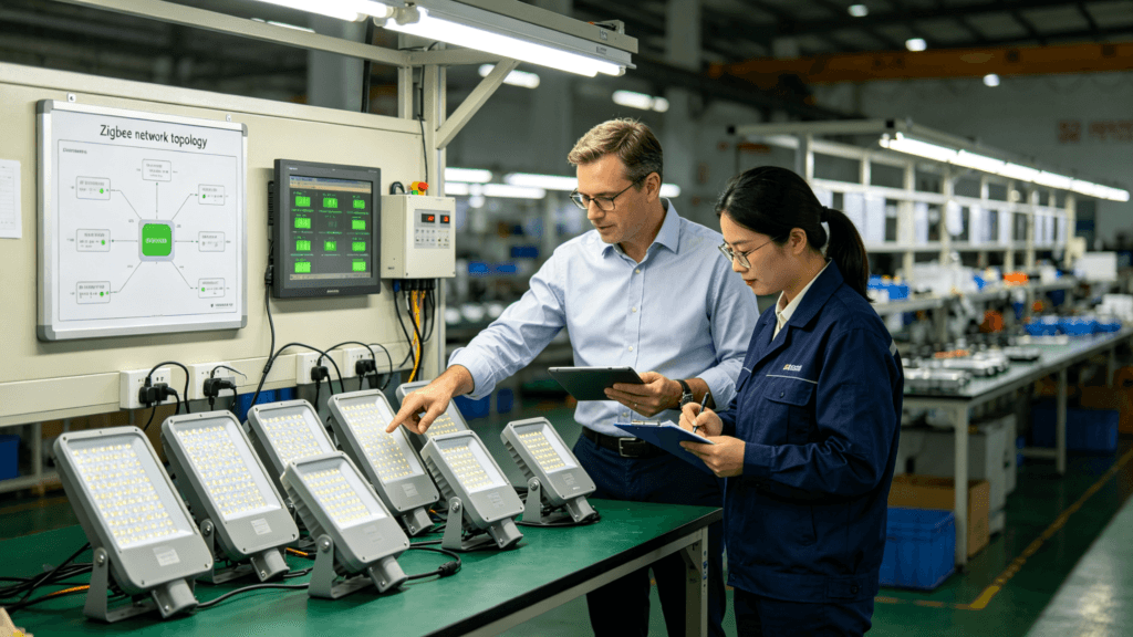 B2B procurement manager evaluating smart outdoor lighting fixtures on factory floor with Chinese quality engineer discussing test results