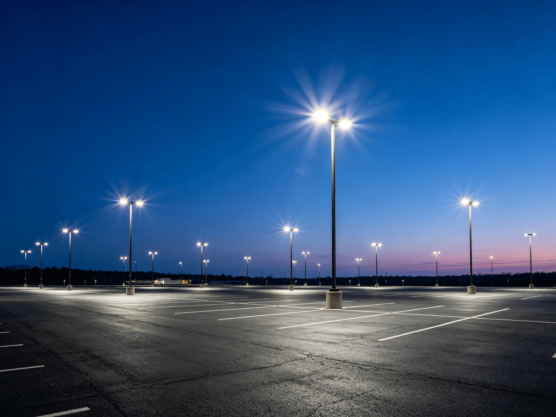 Modern commercial parking area with LED flood lighting creating safe, uniform illumination for vehicles and pedestrians