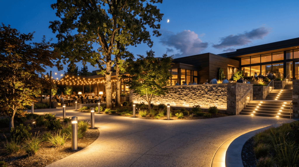Professional outdoor decorative lighting installation showcasing layered landscape illumination with pathway lights, uplighting on trees, and facade grazing on a modern commercial building at dusk