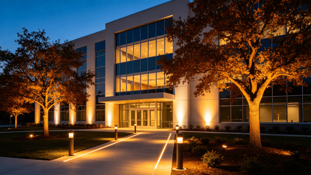 Modern commercial property exterior at dusk with fully integrated smart outdoor decorative lighting system — pathway lights, facade grazing, and tree uplighting all color-temperature synchronized