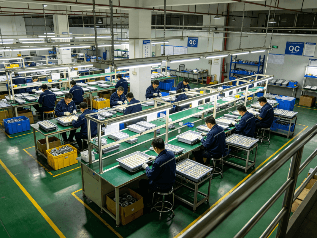 Outdoor Decorative Lighting Production Line Wide-angle factory floor view of outdoor decorative lighting production line in Guangzhou China with workers inspecting LED pathway lights under quality control lighting