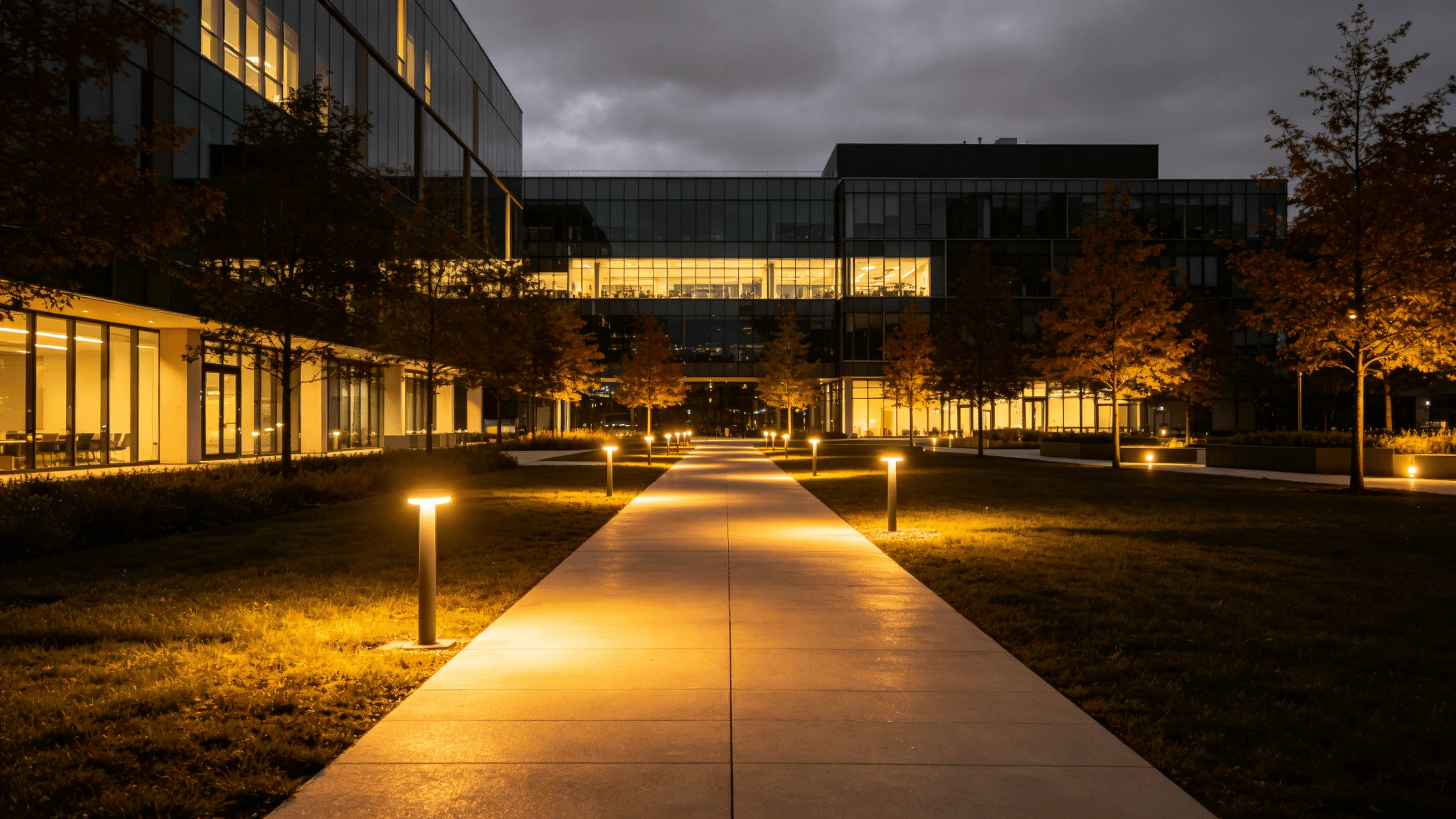 Residential outdoor lighting showcase with pathway lights guiding through garden, uplighting trees with dramatic shadows, and warm faca de illumination creating welcoming ambiance