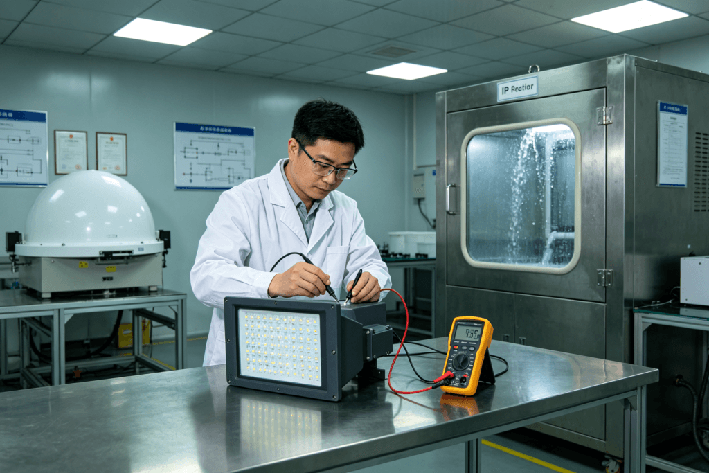 Third-party quality inspector in white lab coat examining outdoor LED wall light with digital multimeter in testing laboratory, surrounded by IP rating test equipment