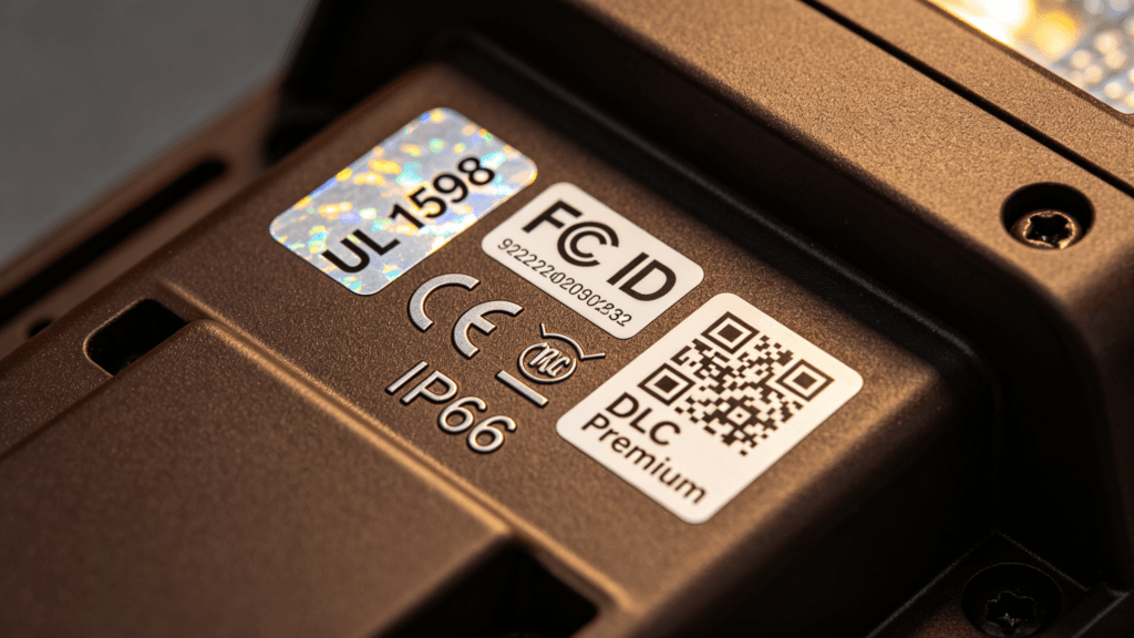 Close-up of certification labels and compliance markings on smart outdoor lighting fixture housing including UL, FCC, CE, IP66, and DLC logos