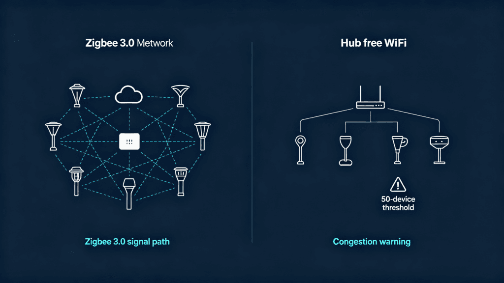 Network topology diagram showing Zigbee mesh smart outdoor lighting system across large commercial property with gateway, repeaters, and zone controllers