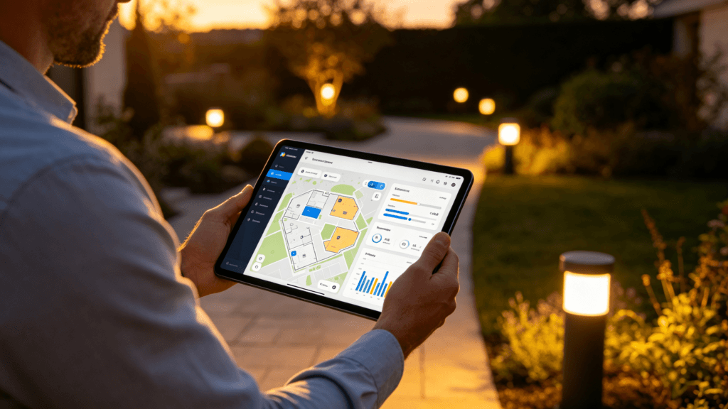 Smart outdoor decorative lighting control dashboard on tablet showing multi-zone landscape lighting system with color temperature adjustment and energy consumption analytics