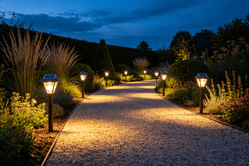 Solar-powered outdoor decorative pathway lights illuminating a curved garden walkway at dusk with visible solar panels on fixture tops