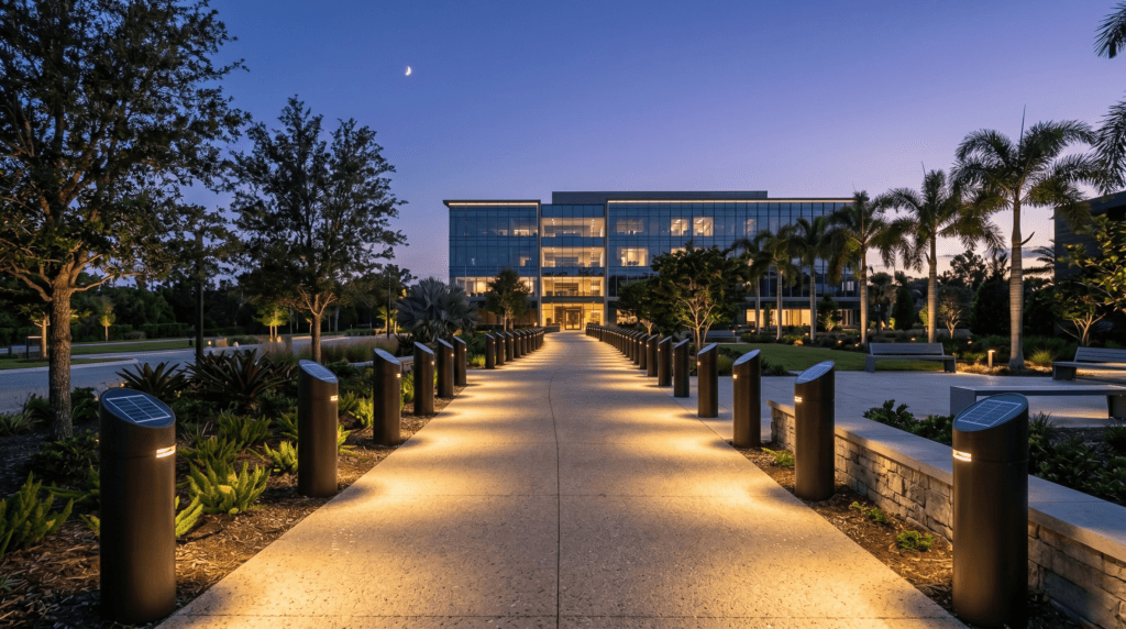 Row of solar-powered LED pathway bollards along a commercial campus walkway, monocrystalline panel tops visible, dusk ambient lighting