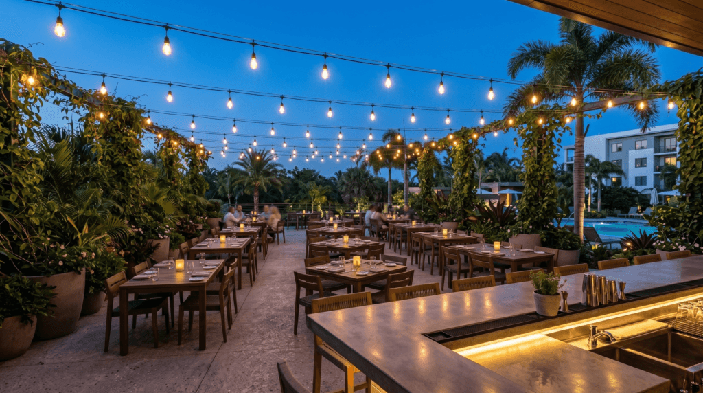 Commercial outdoor dining patio illuminated by warm LED filament string lights suspended on catenary cables, with under-counter LED strips on the bar