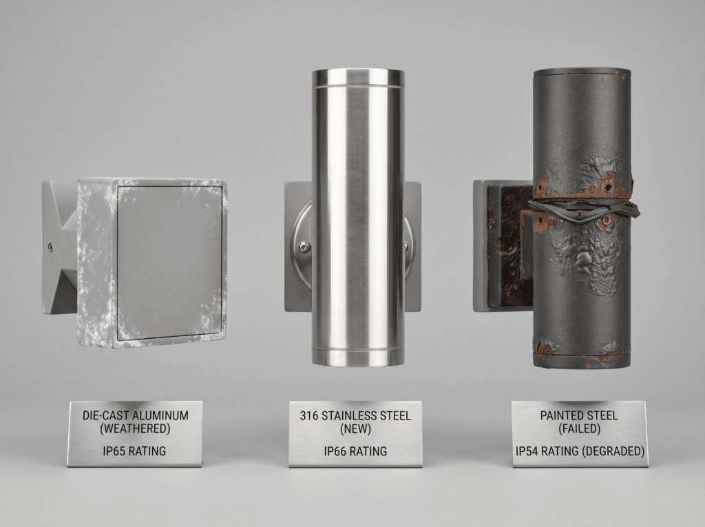 Close-up comparison of three outdoor LED fixture housing materials — die-cast aluminum, 316 stainless steel, and painted steel — showing visible corrosion differences after 2-year coastal exposure
