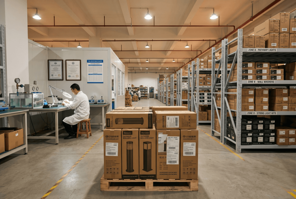 Bulk-packaged outdoor decorative lighting fixtures on pallet racking in a commercial lighting distribution warehouse, with quality inspection station visible