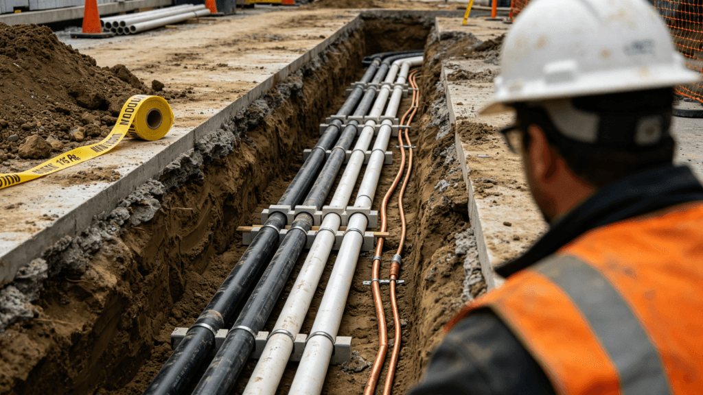 Trenched conduit installation showing Schedule 80 PVC conduits with separation spacers, grounding conductor, and warning tape at proper burial depth for commercial outdoor lighting circuits