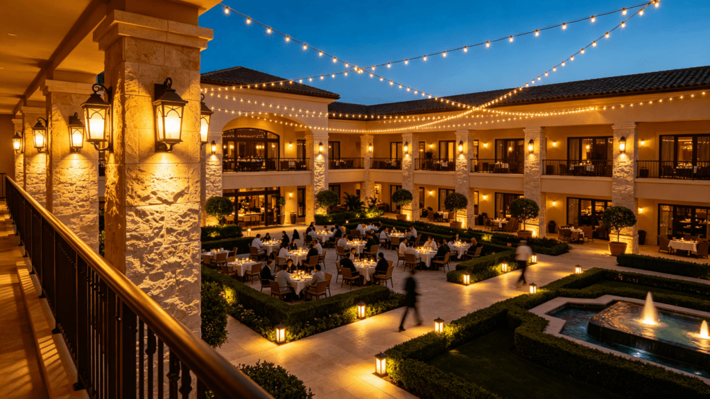 Completed commercial outdoor decorative lighting installation at a hotel courtyard showing warm white string lights, wall sconces, and path lights working in harmony at dusk