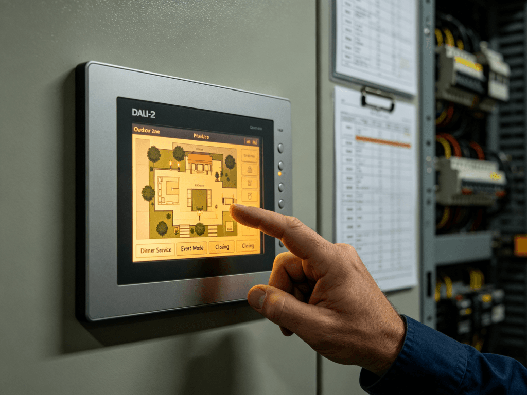 DALI-2 networked lighting control panel with touchscreen interface, showing outdoor zone mapping and scene presets for a commercial hospitality project