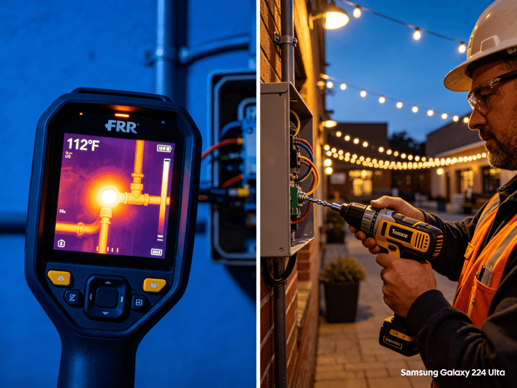 Thermal imaging scan of outdoor lighting junction box showing one connection running hot at 112°F vs 86°F ambient — flagged for re-torque during commissioning